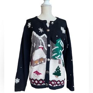 Bobbie Brooks Vintage Womens Ugly Christmas Sweater Cabin Snow Cardigan Medium